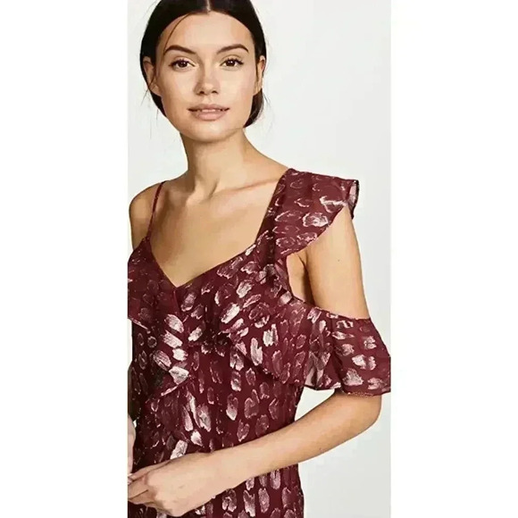 Veronica Beard Benton Top Ruffles One Shoulder Red/Silver‎ Size 8 - Picture 2 of 16